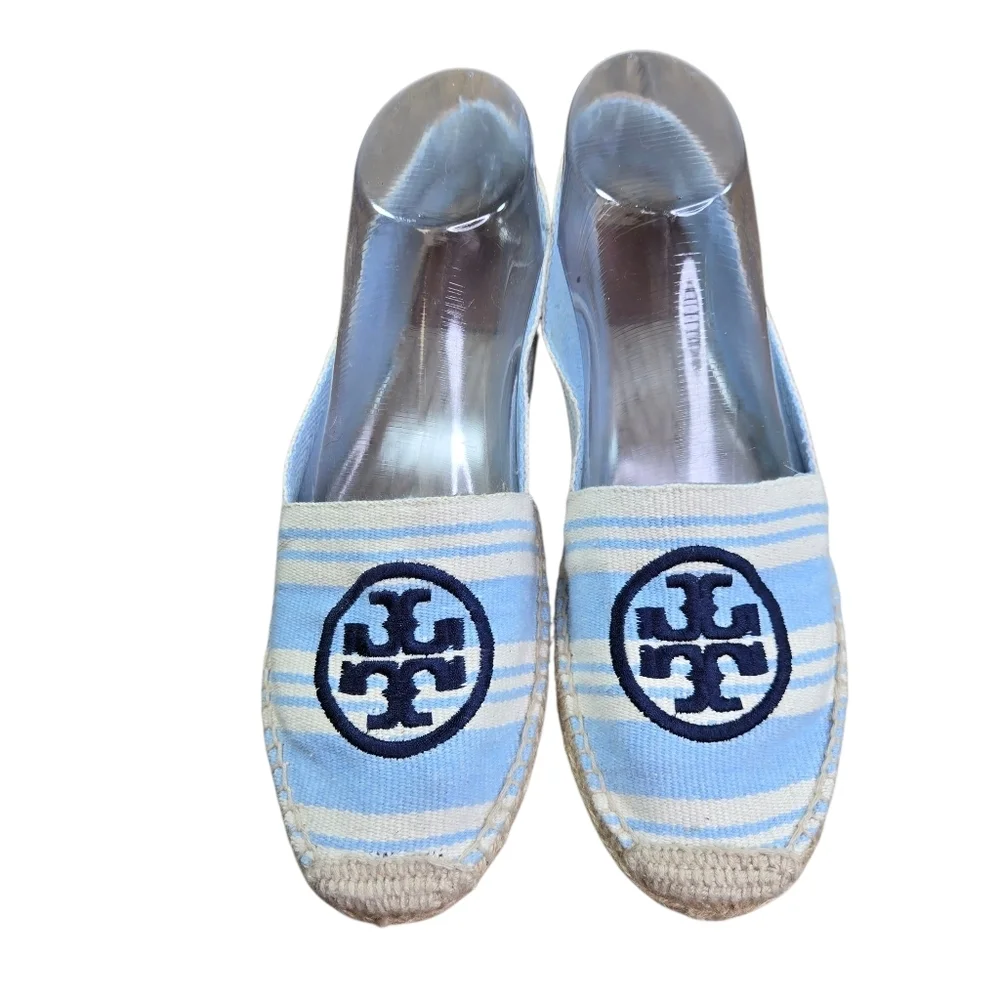 Tory Burch Striped Cream Blue Double T Espadrille Flats